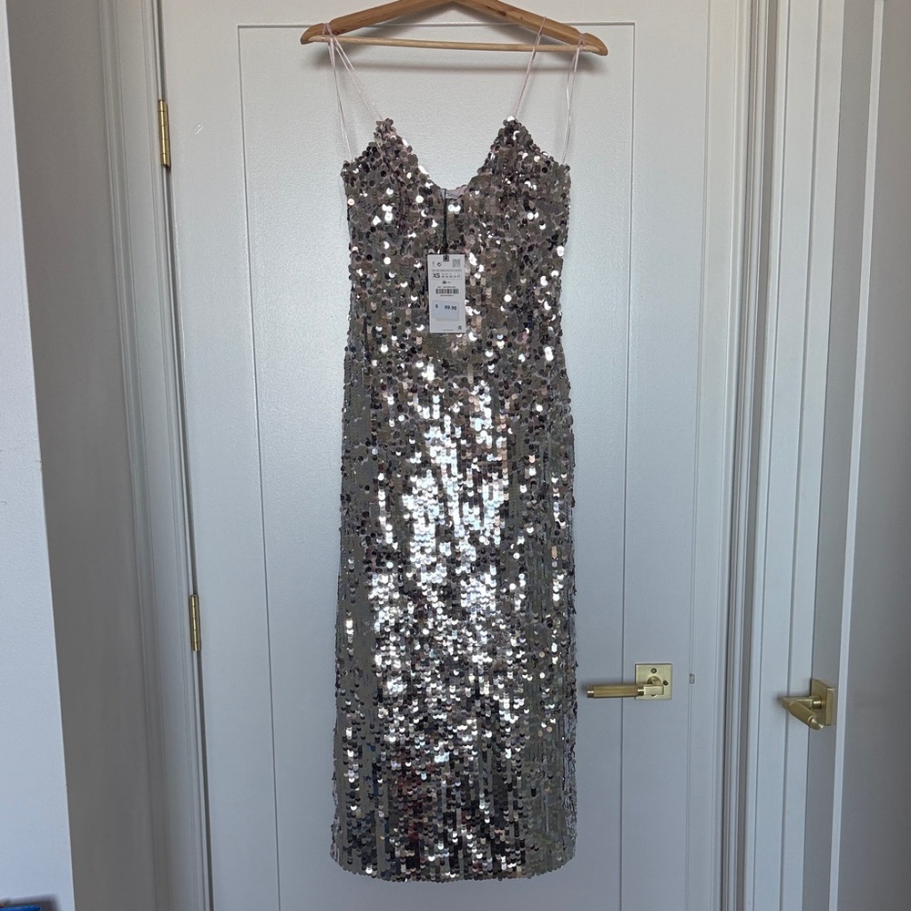 ZARA Silver on Pink Satin Sequin Midi Dress NWT